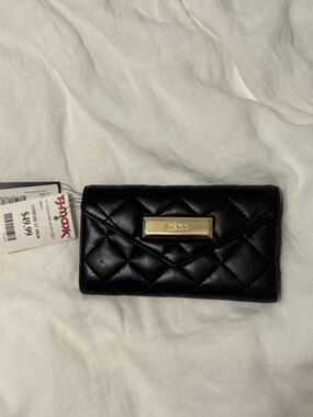 NWT DKNY Black Quilted Leather Wallet with Gold Plaque